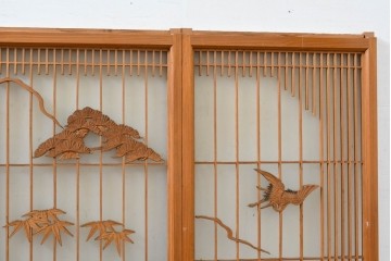 ヴィンテージ建具　昭和中期　組子と彫刻をあしらった片面ガラスの書院戸4枚セット　(R-083471)