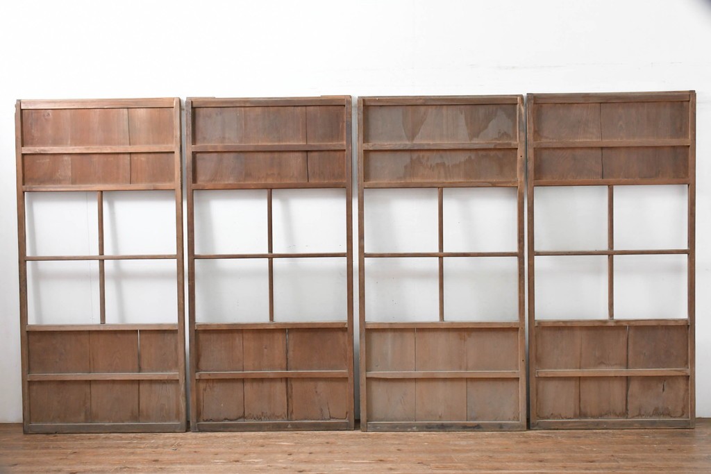 アンティーク建具　昭和初期　素朴な木味のガラス引き戸4枚セット　(R-083476)