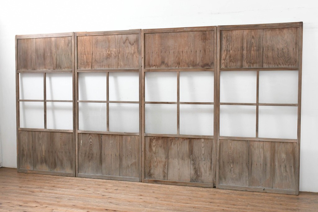 アンティーク建具　昭和初期　素朴な木味のガラス引き戸4枚セット　(R-083476)