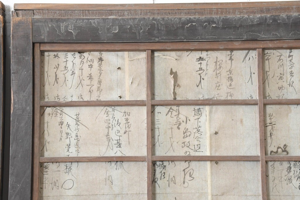 アンティーク建具　明治期　味わいのある木味の裏障子付き格子戸3枚セット　(R-083480)