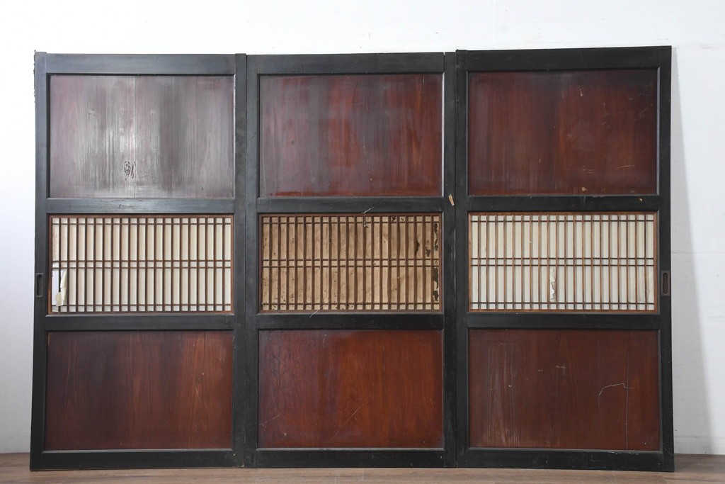 アンティーク建具　明治大正期　重厚な木枠の障子帯戸3枚セット　(R-083491)