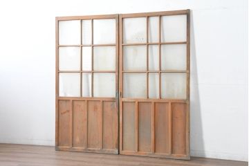 アンティーク建具　使い込まれた風合いが味わい深いモールガラスがアクセントのガラス戸2枚セット(引き戸)(R-083502)