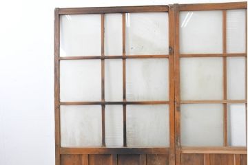 アンティーク建具　使い込まれた風合いが味わい深いモールガラスがアクセントのガラス戸2枚セット(引き戸)(R-083502)