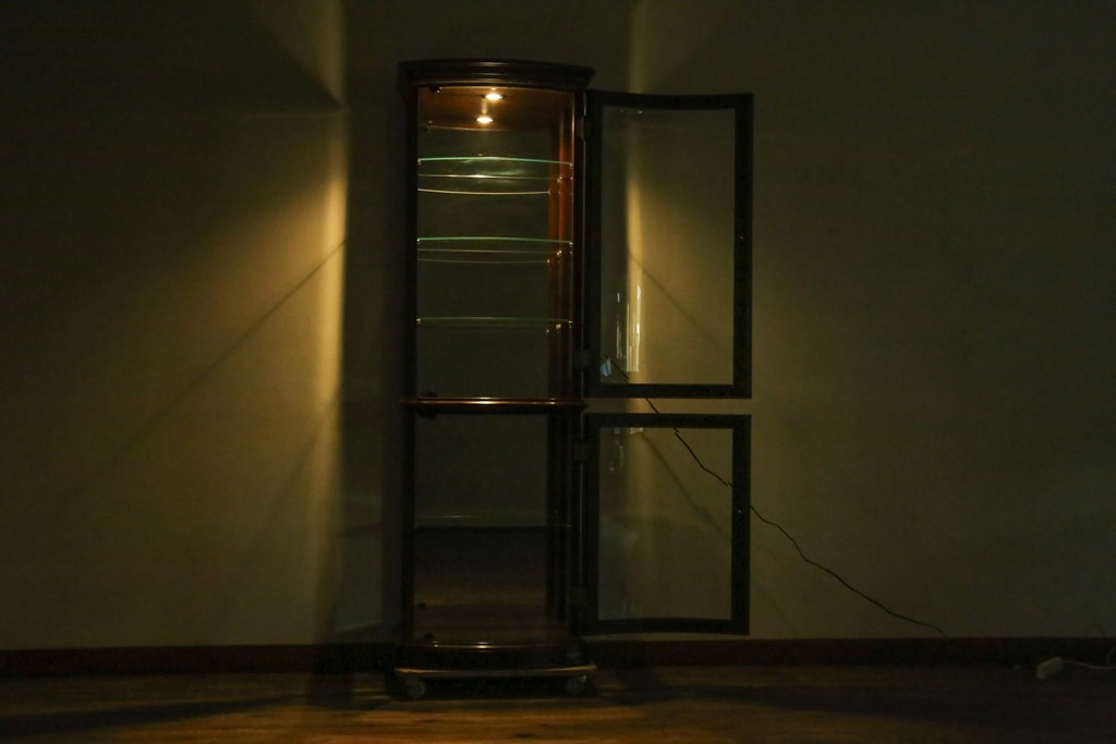 中古　美品　イタリア　ラ・カーサ(LA CASA)　モダンデザインでコレクションや雑貨を美しく魅せる曲げガラス入り縦型キャビネット　(R-083504)