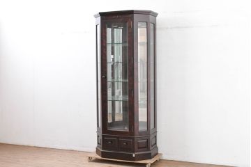 中古　美品!!　国産民芸家具の逸品　神居民芸(Kamui、カムイ)　美しさが際立つ、上質な多角ショーケース(六角、戸棚、収納棚、ガラスケース、キャビネット、ディスプレイケース、飾り棚、陳列棚、店舗什器)(R-083512)