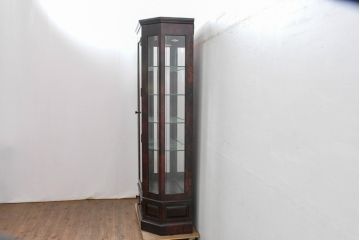 中古　美品!!　国産民芸家具の逸品　神居民芸(Kamui、カムイ)　美しさが際立つ、上質な多角ショーケース(六角、戸棚、収納棚、ガラスケース、キャビネット、ディスプレイケース、飾り棚、陳列棚、店舗什器)(R-083512)