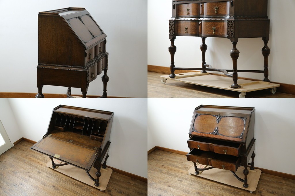 イギリスアンティーク　上手物!!　オーク材　曲線美と風格を兼ね備えたバルボス脚のライティングビューロー　(R-083529)