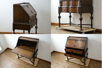 イギリスアンティーク　上手物!!　オーク材　曲線美と風格を兼ね備えたバルボス脚のライティングビューロー　(R-083529)