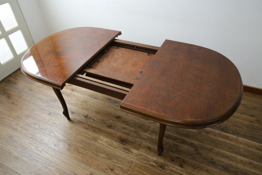 和製ヴィンテージ　マルニ木工　ベルサイユシリーズ　上品な杢目が魅力的なエクステンションテーブル　(R-083532)