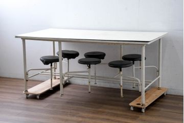 6脚格納スツール付きテーブル(6人掛け、ダイニングテーブル、作業台)(R-083533)
