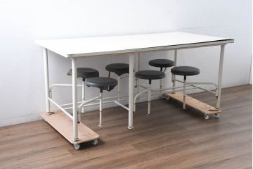 6脚格納スツール付きテーブル(6人掛け、ダイニングテーブル、作業台)(R-083533)