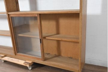 和製アンティーク　希少デザイン!!　収納棚付きのレトロな薄型本棚キャビネット(ブックシェルフ、収納棚、飾り棚、店舗什器)(R-083539)