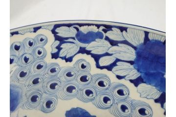 江戸期　太明成化年製　古伊万里　染付　孔雀　約59cm　1尺9寸　写実的な筆致と繊細な濃淡が空間に存在感を放つ大皿(鳥、花、和皿、和食器、尺皿、一尺九寸)(R-083551)