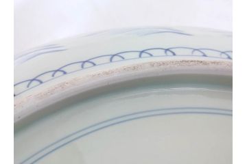 江戸期　太明成化年製　古伊万里　染付　孔雀　約59cm　1尺9寸　写実的な筆致と繊細な濃淡が空間に存在感を放つ大皿(鳥、花、和皿、和食器、尺皿、一尺九寸)(R-083551)