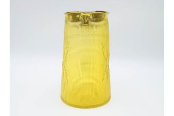 大正〜昭和初期　花文　黄色　ガラス　鮮やかな色合いが食卓に明るさと個性を添える水差し&コップ2客セット(硝子、ジャグ、蓋付き、魚子、ピッチャー、グラス、和ガラス)(R-083565)
