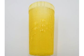 大正〜昭和初期　花文　黄色　ガラス　鮮やかな色合いが食卓に明るさと個性を添える水差し&コップ2客セット(硝子、ジャグ、蓋付き、魚子、ピッチャー、グラス、和ガラス)(R-083565)