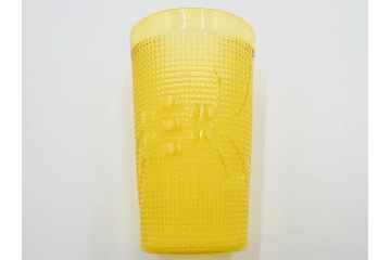 大正〜昭和初期　花文　黄色　ガラス　鮮やかな色合いが食卓に明るさと個性を添える水差し&コップ2客セット(硝子、ジャグ、蓋付き、魚子、ピッチャー、グラス、和ガラス)(R-083565)