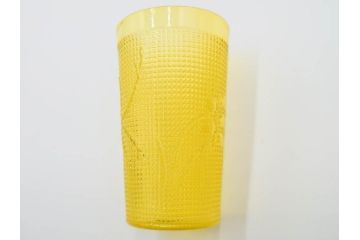 大正〜昭和初期　花文　黄色　ガラス　鮮やかな色合いが食卓に明るさと個性を添える水差し&コップ2客セット(硝子、ジャグ、蓋付き、魚子、ピッチャー、グラス、和ガラス)(R-083565)