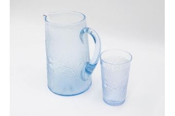 大正〜昭和初期　花文　水色　ガラス　くつろぎのひとときを涼やかに演出する水差し&コップセット(硝子、ジャグ、魚子、ピッチャー、グラス、和ガラス)(R-083566)