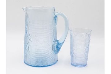 大正〜昭和初期　花文　水色　ガラス　くつろぎのひとときを涼やかに演出する水差し&コップセット(硝子、ジャグ、魚子、ピッチャー、グラス、和ガラス)(R-083566)