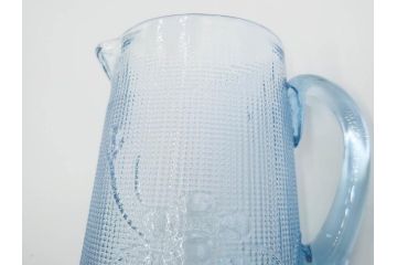 大正〜昭和初期　花文　水色　ガラス　くつろぎのひとときを涼やかに演出する水差し&コップセット(硝子、ジャグ、魚子、ピッチャー、グラス、和ガラス)(R-083566)