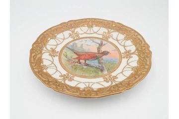 明治〜大正期　オールドノリタケ　NORITAKE　金彩　金盛　ハンドペイント　雉　蝶　丁寧に施された装飾が日常に彩りと品格を添えるプレート2枚セット(ちょう、鳥、キジ、取手付、大皿、中皿、洋食器)(R-083568)