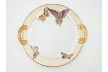 明治〜大正期　オールドノリタケ　NORITAKE　金彩　金盛　ハンドペイント　雉　蝶　丁寧に施された装飾が日常に彩りと品格を添えるプレート2枚セット(ちょう、鳥、キジ、取手付、大皿、中皿、洋食器)(R-083568)