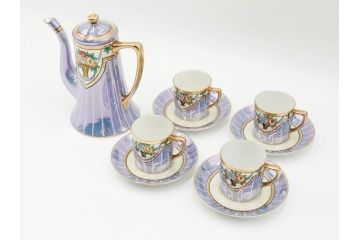 明治〜大正期　オールドノリタケ　NORITAKE　花籠　ラスター彩と金彩が織りなす幻想的な輝きが贅沢なひとときを演出するポット・カップ&ソーサー4客セット(ティー、コーヒー、マルキ印、C&S、洋食器)(R-083569)