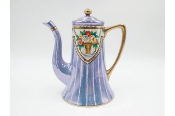 明治〜大正期　オールドノリタケ　NORITAKE　花籠　ラスター彩と金彩が織りなす幻想的な輝きが贅沢なひとときを演出するポット・カップ&ソーサー4客セット(ティー、コーヒー、マルキ印、C&S、洋食器)(R-083569)