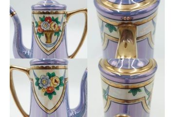 明治〜大正期　オールドノリタケ　NORITAKE　花籠　ラスター彩と金彩が織りなす幻想的な輝きが贅沢なひとときを演出するポット・カップ&ソーサー4客セット(ティー、コーヒー、マルキ印、C&S、洋食器)(R-083569)