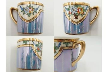 明治〜大正期　オールドノリタケ　NORITAKE　花籠　ラスター彩と金彩が織りなす幻想的な輝きが贅沢なひとときを演出するポット・カップ&ソーサー4客セット(ティー、コーヒー、マルキ印、C&S、洋食器)(R-083569)