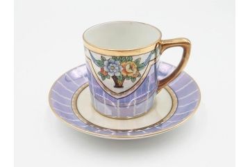 明治〜大正期　オールドノリタケ　NORITAKE　花籠　ラスター彩と金彩が織りなす幻想的な輝きが贅沢なひとときを演出するポット・カップ&ソーサー4客セット(ティー、コーヒー、マルキ印、C&S、洋食器)(R-083569)