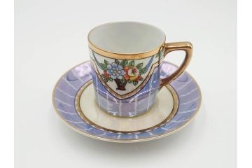 明治〜大正期　オールドノリタケ　NORITAKE　花籠　ラスター彩と金彩が織りなす幻想的な輝きが贅沢なひとときを演出するポット・カップ&ソーサー4客セット(ティー、コーヒー、マルキ印、C&S、洋食器)(R-083569)