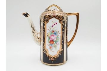 明治〜大正期　オールドノリタケ　NORITAKE　金彩　金盛　花　ハンドペイント　格調高く華やぎを纏ったコーヒーセット(ポット、クリーマー、シュガーポット、カップ&ソーサー3客、C&S、洋食器)(R-083570)