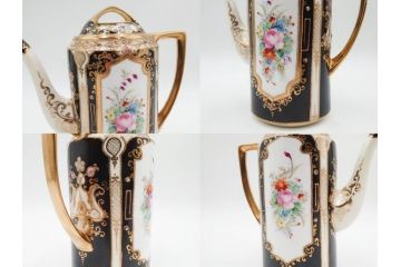 明治〜大正期　オールドノリタケ　NORITAKE　金彩　金盛　花　ハンドペイント　格調高く華やぎを纏ったコーヒーセット(ポット、クリーマー、シュガーポット、カップ&ソーサー3客、C&S、洋食器)(R-083570)