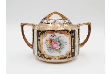 明治〜大正期　オールドノリタケ　NORITAKE　金彩　金盛　花　ハンドペイント　格調高く華やぎを纏ったコーヒーセット(ポット、クリーマー、シュガーポット、カップ&ソーサー3客、C&S、洋食器)(R-083570)