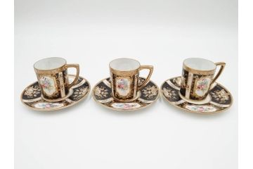 明治〜大正期　オールドノリタケ　NORITAKE　金彩　金盛　花　ハンドペイント　格調高く華やぎを纏ったコーヒーセット(ポット、クリーマー、シュガーポット、カップ&ソーサー3客、C&S、洋食器)(R-083570)