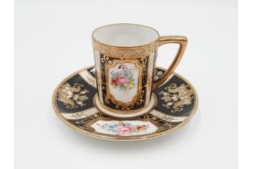 明治〜大正期　オールドノリタケ　NORITAKE　金彩　金盛　花　ハンドペイント　格調高く華やぎを纏ったコーヒーセット(ポット、クリーマー、シュガーポット、カップ&ソーサー3客、C&S、洋食器)(R-083570)