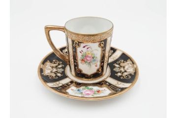 明治〜大正期　オールドノリタケ　NORITAKE　金彩　金盛　花　ハンドペイント　格調高く華やぎを纏ったコーヒーセット(ポット、クリーマー、シュガーポット、カップ&ソーサー3客、C&S、洋食器)(R-083570)