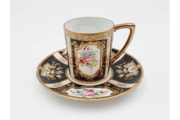 明治〜大正期　オールドノリタケ　NORITAKE　金彩　金盛　花　ハンドペイント　格調高く華やぎを纏ったコーヒーセット(ポット、クリーマー、シュガーポット、カップ&ソーサー3客、C&S、洋食器)(R-083570)