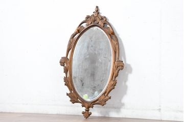 アジアンビンテージ　美しい彫刻が目を引くウォールミラー(姿見、壁掛け鏡)(R-083581)