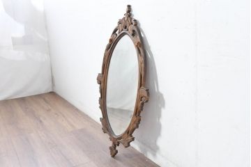 アジアンビンテージ　美しい彫刻が目を引くウォールミラー(姿見、壁掛け鏡)(R-083581)