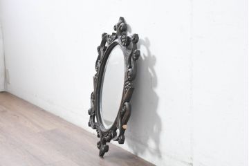 アジアンビンテージ　美しい彫刻が目を引くウォールミラー(姿見、壁掛け鏡)(R-083582)