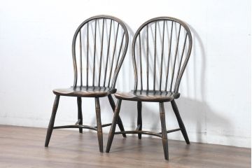 中古　美品　飛騨産業　PROVINCIAL(プロヴィンシャル・プロビンシャル)　キツツキ　オーク材　背板のデザインがおしゃれなボウバックチェア2脚セット(ウィンザーチェア、板座チェア、ダイニングチェア、椅子、イス、ウインザーチェア、バラ売り可能)(定価約35万円)(R-083599)