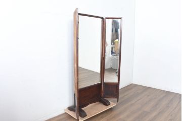 和製アンティーク　希少デザイン　布張りの意匠が空間に温もりを添える古い呉服屋の三面鏡(姿見、店舗什器)(R-083604)