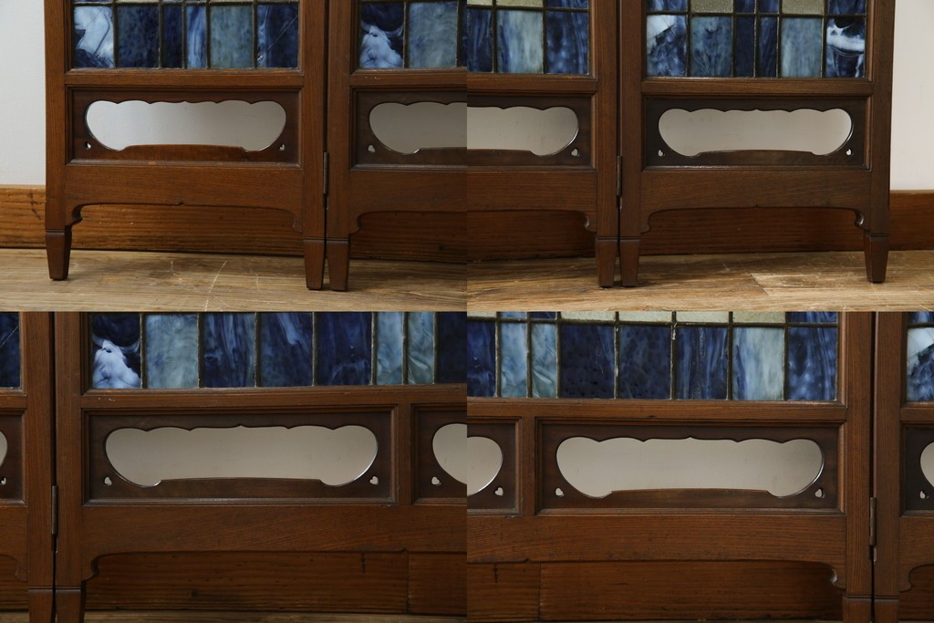 和製アンティーク　大正ロマン　小振りサイズ　透かし彫り入り　優雅な曲線と彩りが空間を華やかに演出する折りたたみ式ステンドグラス衝立て　(R-083611)