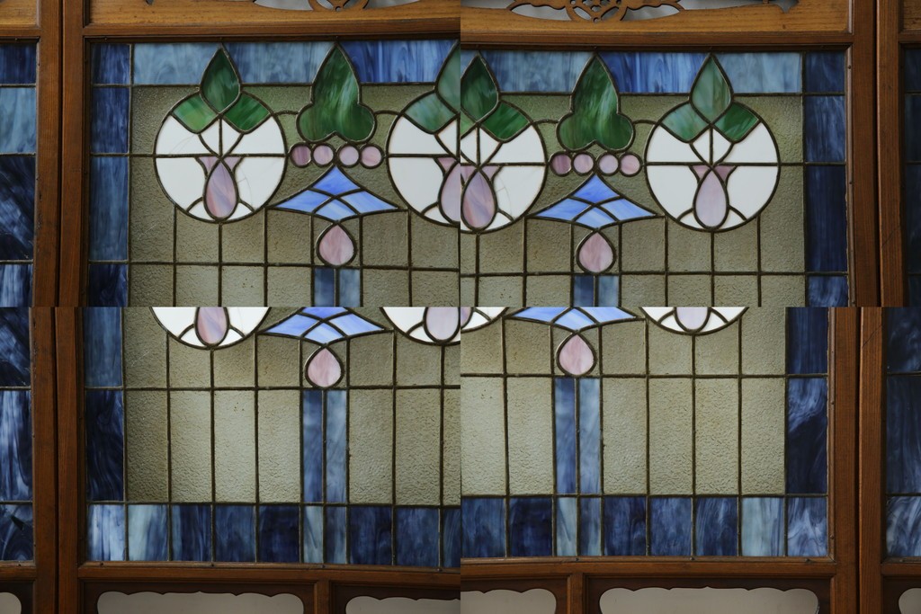 和製アンティーク　大正ロマン　小振りサイズ　透かし彫り入り　優雅な曲線と彩りが空間を華やかに演出する折りたたみ式ステンドグラス衝立て　(R-083611)