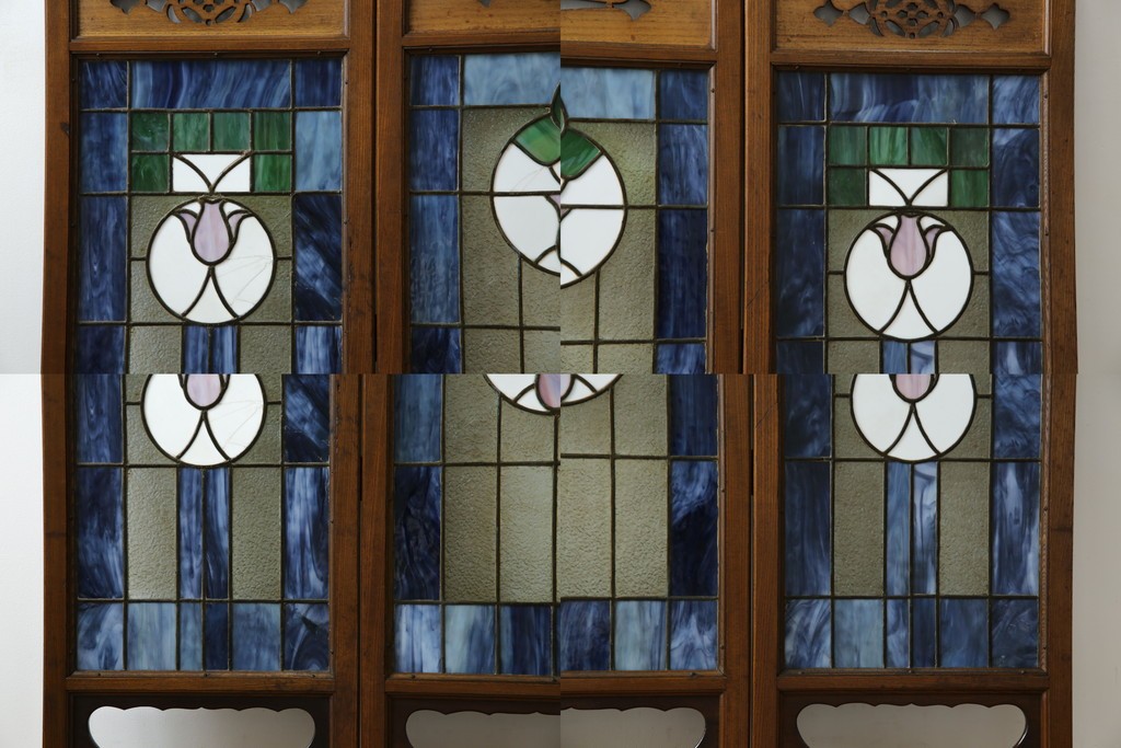 和製アンティーク　大正ロマン　小振りサイズ　透かし彫り入り　優雅な曲線と彩りが空間を華やかに演出する折りたたみ式ステンドグラス衝立て　(R-083611)