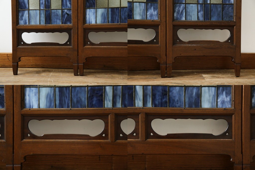 和製アンティーク　大正ロマン　小振りサイズ　透かし彫り入り　優雅な曲線と彩りが空間を華やかに演出する折りたたみ式ステンドグラス衝立て　(R-083611)