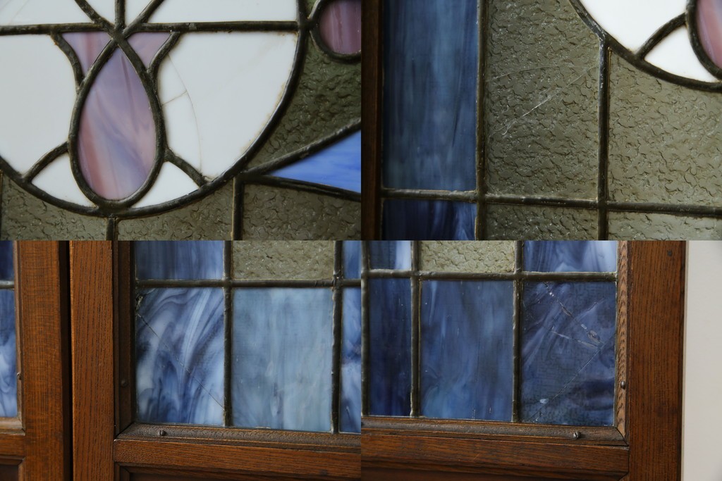 和製アンティーク　大正ロマン　小振りサイズ　透かし彫り入り　優雅な曲線と彩りが空間を華やかに演出する折りたたみ式ステンドグラス衝立て　(R-083611)